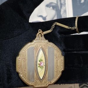 Antique Art Deco Gold Enameled Floral Dance Compact